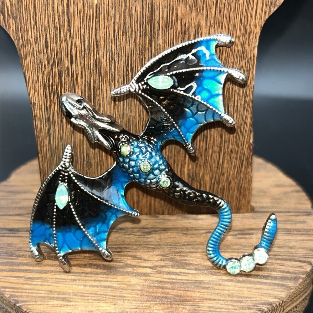 Silver Tone Blue Enameled Dragon Brooch Green Rhinestones 3”